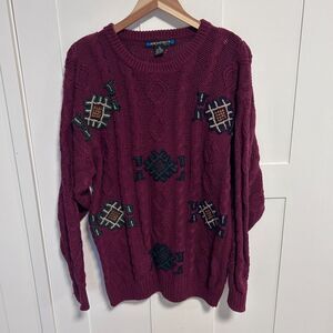 Vintage 90’s Architect Men’s Sweater Large Burgundy Patches Granny Squares Large